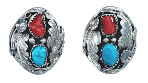 Authentic Sterling Silver Navajo Turquoise Coral Leaf Design Ring Size 10-3/4 AX122080